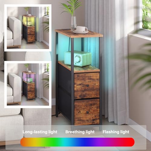 TUTOTAK Small Narrow LED End Table with Charging Station, Side Table Outlets, Nightstand with 2 Cloth Drawers, Set of 2, Couch Table, for Living Room, Bedroom, Bedside, Brown TB01BB056 - color: Brown, style: 2 Drawers with Plug & Light