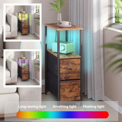 TUTOTAK Small Narrow LED End Table with Charging Station, Side Table Outlets, Nightstand with 2 Cloth Drawers, Set of 2, Couch Table, for Living Room, Bedroom, Bedside, Brown TB01BB056 - color: Brown, style: 2 Drawers with Plug & Light