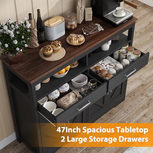knoworld Buffet Sideboard with Storage Farmhouse with 4 Doors, 47'' Large Kitchen Storage Cabinet Wood Coffee Bar Cabinet Buffet Table with Shelves for Kitchen, Dining Room, Entryway, 47" W Black