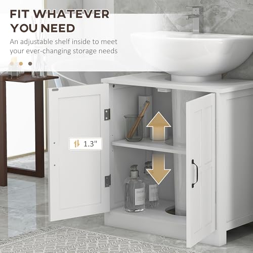 kleankin Pedestal Sink Storage Cabinet, Under Sink Cabinet with 2 Doors and Adjustable Shelf, Bathroom Vanity with U-Shape Cut-Out, White - color: White