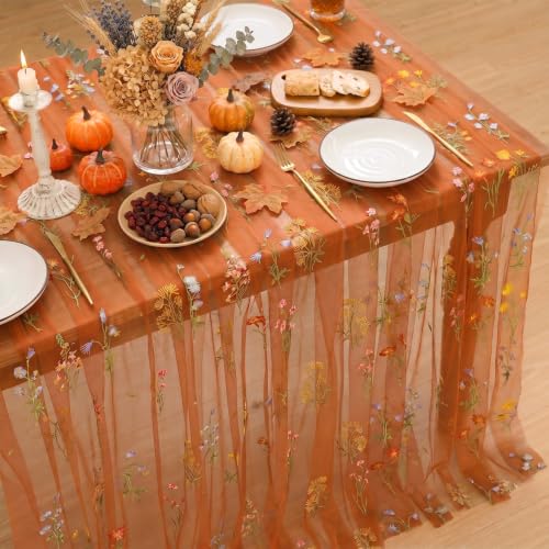 Horaldaily Embroidery Fall Caramel Tablecloth 52×70 Inch Rectangular | Spring Summer Gauze Tablecloth, Seasonal Tulle Table Cover, Garden Party Decor, Resuable,Washable - color: Caramel, size: 52" x 70" (Rectangular)