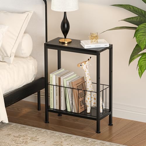 Narrow Side Table, Skinny End Tables with Magazine Holder, Small Sofa Table for Small Spaces, Space-Saving Design, Slim Nightstand Bedside Table for Living Room, Bedroom, Office, Black - color: Black