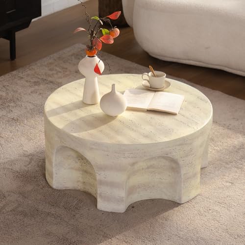 Round Marble Coffee Table 31.5" Faux Stone Coffee Table for Living Room, Modern Travertine Center Table, Magnesium Oxide, No Assembly, Beige - color: Faux Stone-arched Deco-beige