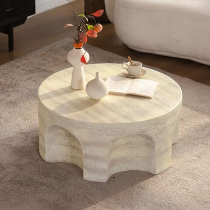 Round Marble Coffee Table 31.5" Faux Stone Coffee Table for Living Room, Modern Travertine Center Table, Magnesium Oxide, No Assembly, Beige - color: Faux Stone-arched Deco-beige