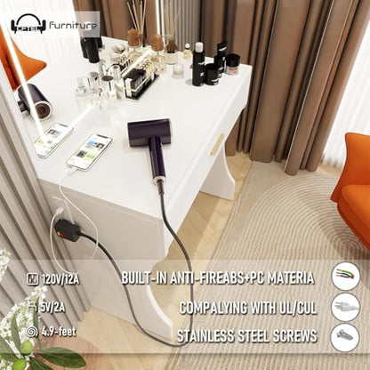 Vanity Desk, Makeup Vanity with LED Light Mirror, Small White Vanity with a Super Large Drawer and Power Outlet, 3 Color Lighting Modes Makeup Table for Bedroom, Dressing Room (White1) - color: White1