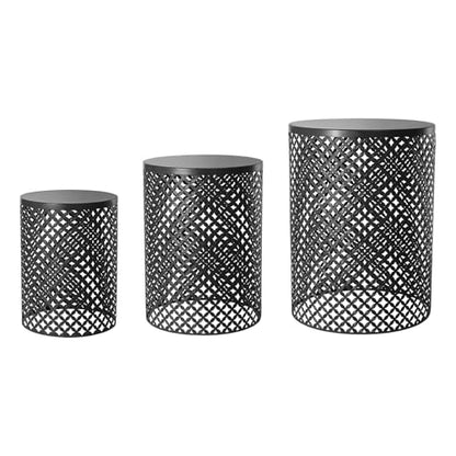 Outdoor Side Table, 3PCS Round Metal Frame Coffee End Tables, Modern Decorative Garden Stool, Multifunctional Nesting Side Table for Garden, Balcony, Cafe, Park, Pool Side (Black)