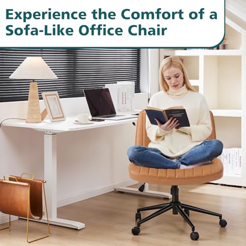 OLIXIS Criss Cross Chair with Wheels, Vanity Chair, Home Office Desk | Wide Seat Armless, Faux Leather, Height Adjustable Swivel Rolling, Home Computer Task Seating for Bedroom Study, Brown PU - color: Brown Pu