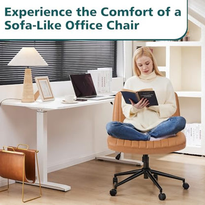 OLIXIS Criss Cross Chair with Wheels, Vanity Chair, Home Office Desk | Wide Seat Armless, Faux Leather, Height Adjustable Swivel Rolling, Home Computer Task Seating for Bedroom Study, Brown PU - color: Brown Pu