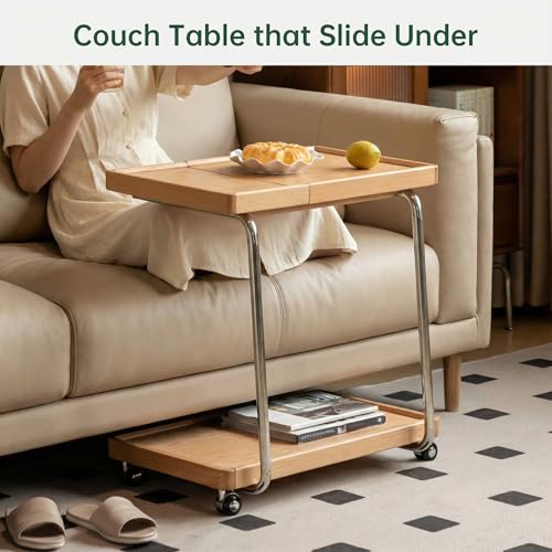 YESWOOD Adjustable C-Shaped Couch Table with Lockable Wheels – Rolling Small Space Side Table, Solid Wood End Table for Sofa, Bed & Living Room(Natural,16.41" D x 24.4" W x 24.52" H) - color: Natural