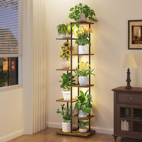 iDavosic.ly 7 Tier Tall Plant Stand Indoor with Light, Tiered Corner Metal Wood Multiple Flower Holder Shelf, 50 Inch Display Grow Rack for Living Room Bedroom, Modern Black & Rustic Brown - color: Rustic Brown with Light, size: 7 Tier