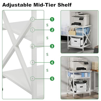 3 Tier Printer Stand, Large Table with Wheels, Rolling Cart with Height Adjustable Middle Storage Shelf, 23.6 x 23.6 x 30.3 Inches Shelf for Home Office, White - color: White