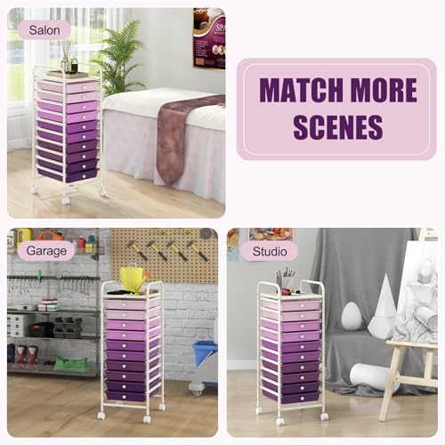 DREAMADE Rolling Cart with Storage Drawers, Utility Cart w/Removable Plastic Drawers, Lockable Wheels, Art Cart for Classroom Organization Art Supplies Office Scrapbook (10 Drawers, Gradient Purple) - color: Gradient Purple, style: 10 Drawers
