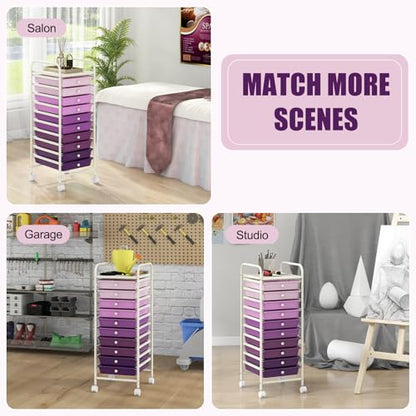 DREAMADE Rolling Cart with Storage Drawers, Utility Cart w/Removable Plastic Drawers, Lockable Wheels, Art Cart for Classroom Organization Art Supplies Office Scrapbook (10 Drawers, Gradient Purple) - color: Gradient Purple, style: 10 Drawers