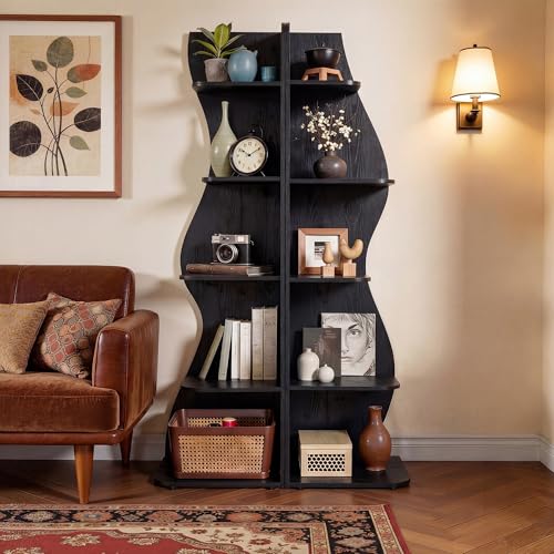 VECELO 2 Pcs Wavy Corner Shelf, Decorative 6-Tier Corner Display Bookshelf, Tall Storage Organizer for Small Spaces, Living Room or Bedroom, Black - color: Black, size: 2pcs