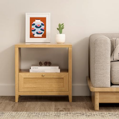 EYYTHUNG Wooden Nightstands Set of 2 with Drawer Modern 24" Wide End Table Night Stand Large Farmhouse Bedside Table with Open Shelf Mid Century Night Stands for Sofa, Natural Oak - color: Natural Oak, size: 2 PCS