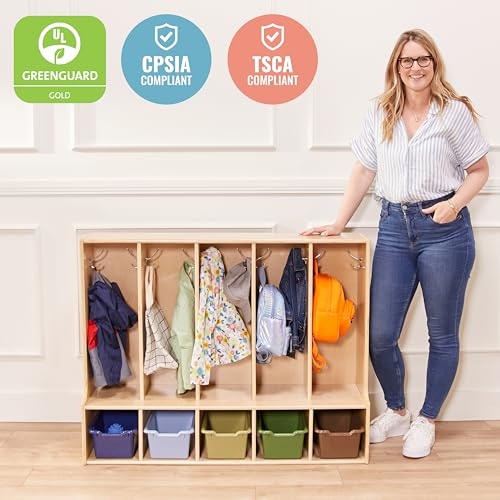 ECR4Kids Streamline 5-Section Toddler Coat Locker with Bench, Classroom Furniture, Natural - color: Beige