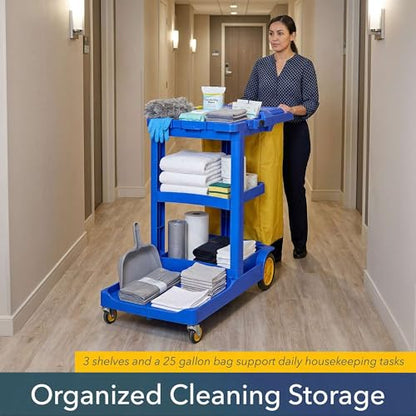 44” x 18” x 38” Blue 3-Shelf Janitorial Cart Kit - Commercial Housekeeping Cart with Yellow Bag, Black Zippered Bag, Lid, Folding Handle for Hotels, Offices, Schools - 175 lb Capacity - size: Small (Blue)
