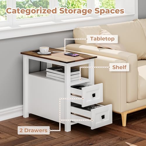 VVFLU Farmhouse End Table with Charging Station and 2 Storage Drawers, White Wood Nightstand Narrow, Skinny Side Table Rustic, Slim Bedside Table, Open Shelf, Small for Bedroom, Living Room, Sofa - color: White