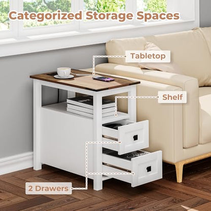 VVFLU Farmhouse End Table with Charging Station and 2 Storage Drawers, White Wood Nightstand Narrow, Skinny Side Table Rustic, Slim Bedside Table, Open Shelf, Small for Bedroom, Living Room, Sofa - color: White