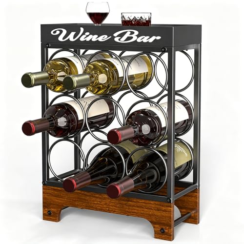 9 Bottles Wine Racks Countertop Freestanding with Top Tray, Modern Black Metal &Wood, 3 Tier Tabletop Wine Holder Stand for Home Kitchen Bar, Cabinet, Pantry, Wine Bottle Storage