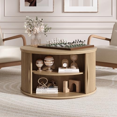 JOINICE Round Lift Top Coffee Table with Storage for Living Room,Oak | 31.5" Drum Design,Hidden Storage&Open Shelf,Boho Fluted Center Table for Small Apartments,Easy Assembly,Up to 150 lbs
