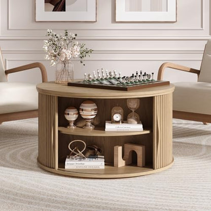 JOINICE Round Lift Top Coffee Table with Storage for Living Room,Oak | 31.5" Drum Design,Hidden Storage&Open Shelf,Boho Fluted Center Table for Small Apartments,Easy Assembly,Up to 150 lbs