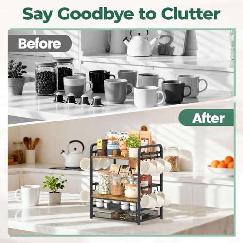 EsLuker.ly Coffee Bar Organizer Station Shelf Mug Holder for Countertop, 4 Tier Mug Holder Stand with 12 Hooks, K Cup Pod Drawer - color: Black+Brown+Brown