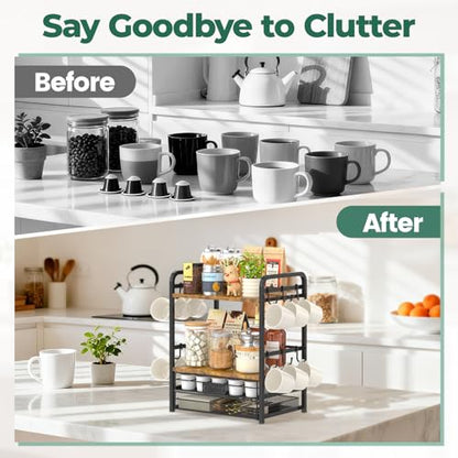 EsLuker.ly Coffee Bar Organizer Station Shelf Mug Holder for Countertop, 4 Tier Mug Holder Stand with 12 Hooks, K Cup Pod Drawer - color: Black+Brown+Brown
