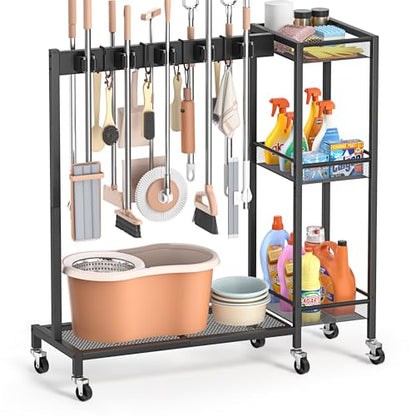 Broom Holder with Cleaning Supplies Organizer, Broom Closet Storage Cabinet with Cleaning Caddy, Cleaning Cart with Mop Hanger Gripper Rack Hooks,Janitorial Housekeeping cart,Laundry Room Organization - size: Large