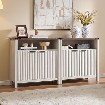 BuildHom 32 Inch Fluted Sideboard Buffet Cabinet with Storage Antique White | Coffee Bar Cabinet with Open Shelf and 5-Level Adjustable Shelves, Farmhouse Storage Cabinet for Kitchen and Dining Room - color: Antique White