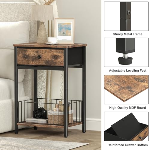 Night Stand Set 2, Night Stand with Drawers, Industrial nightstand, Nightstand with Fabric Bins, Bedside Table End Table for Bedroom, Closet, Entryway, College Dorm, Rustic Brown LNT0061BR2 - color: Rustic Brown & Black