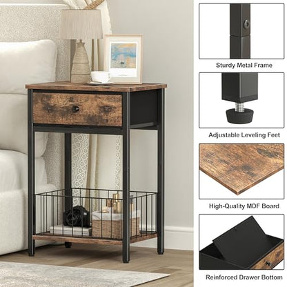 Night Stand Set 2, Night Stand with Drawers, Industrial nightstand, Nightstand with Fabric Bins, Bedside Table End Table for Bedroom, Closet, Entryway, College Dorm, Rustic Brown LNT0061BR2 - color: Rustic Brown & Black
