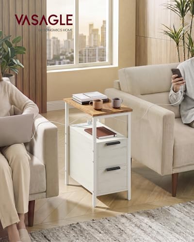 VASAGLE Side End Table with Charging Station, Slim Nightstand with 2 Drawers, Narrow Bedside Table for Living Room, Small Spaces, 18.9 x 11.8 x 24 Inches, Honey Brown and Rustic White ULET324W101S - color: Honey Brown + Rustic White, size: 18.9"D x 11.8"W