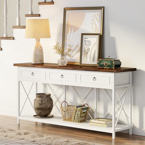 Tribesigns 70.8" Console Table with 3 Drawers, Farmhouse Entryway Table with Storage Shelf, Narrow Long Sofa Foyer Table for Entryway, Hallway (White/Brown) - color: White/Brown