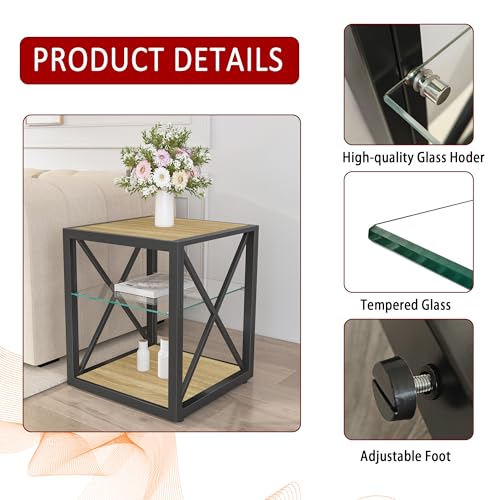 Industrial Side Table with 3-Tier Storage – Tempered Glass Shelf, X-Frame Metal Design, Natural Wood Finish, Compact End Table for Living Room, Bedroom or Office(Product G)