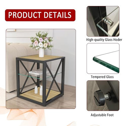 Industrial Side Table with 3-Tier Storage – Tempered Glass Shelf, X-Frame Metal Design, Natural Wood Finish, Compact End Table for Living Room, Bedroom or Office(Product G)