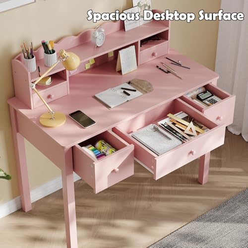 FUNKOCO Pink Writing Desk with Hutch & 5 Drawers - 40 Inch Modern Computer Workstation for Home Office, Teen Desk, Small Study Desk, Ideal for Gift - color: 4-large Pink