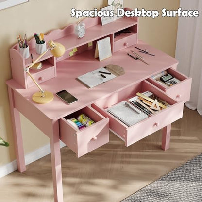 FUNKOCO Pink Writing Desk with Hutch & 5 Drawers - 40 Inch Modern Computer Workstation for Home Office, Teen Desk, Small Study Desk, Ideal for Gift - color: 4-large Pink