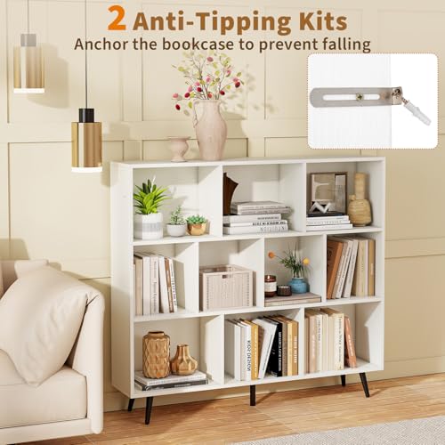 Tangkula 10-Cube Bookcase, Modern 47”L Storage Bookshelf with 5 Tapered Metal Legs & 2 Anti-Tip Kit, Freestanding Display Rack for Living Room, Study Room (White, 10-Cube) - size: Standard 10-Cube