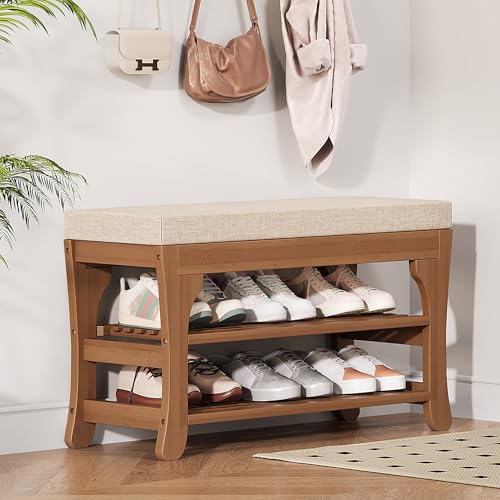 PETKABOO 27.6" Shoe Storage Bench with Cushion, Bamboo Shoe Rack Bench, 2-Tier Entryway Shoe Organizer, Supports up to 350 LB, for Hallway, Bedroom, Closet, Living Room - size: 27.6"