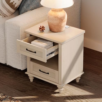 WAMPAT Beige Side Table with Charging Station, Elegant Nightstand for Bedroom with 2 Drawers & Open Shelf, Wooden End Table Bedside Table for Living Room, Kids Room - color: Beige