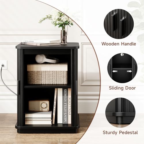 ONBRILL Square End Table with Charging Station, Fluted Storage Nightstand | Mid-Century Modern Accent Side Table with Sliding Door & Sturdy Pedestal, for Small Space, Living Room, Bedroom, Walnut - color: Black