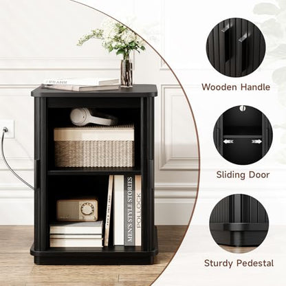 ONBRILL Square End Table with Charging Station, Fluted Storage Nightstand | Mid-Century Modern Accent Side Table with Sliding Door & Sturdy Pedestal, for Small Space, Living Room, Bedroom, Walnut - color: Black