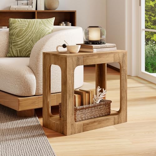 Giantex Narrow End Side Table - 2-Tier Farmhouse Night Stand w/Open Storage Shelf, Arch Design, Accent Bedside Nightstand for Bedroom Entryway Small Spaces, Wood End Tables Living Room, Oak - color: Oak