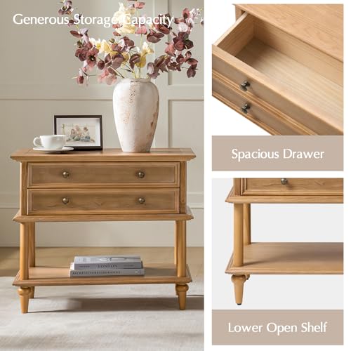 HULALA HOME Farmhouse Nightstand with Drawer & Open Shelf, Natural Wood End Table with Solid Wood Legs, 28.4'' Wide Sofa Side Table with Charging Station(Oak) - color: Oak