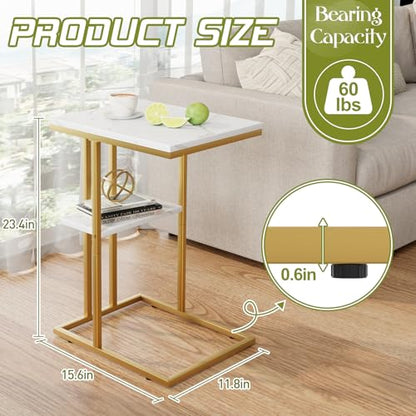 C Shaped End Side Table, Couch Sofa Table for Bed, Gold Snack Table with Metal Frame, TV Tray Table for Small Space, Living Room, Bedroom, Bedside(White Marble) - color: White Marble+gold
