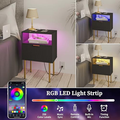 Modern Nightstand with Charging Station and LED Lights, Black Nightstand with Drawer, Fluted Nightstand for Living Room, Bedroom - color: Black