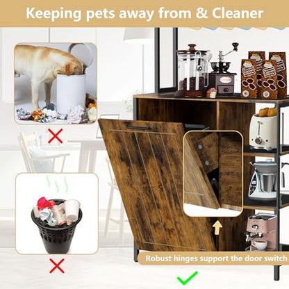 Kitchen Bakers Rack with Storage Shelf - 6-Tier Microwave Stand Oven Cabinet W/Tilting Trash Can Bin and Power Outlet, Farmhouse Thickened Coffee Bar Table Station W/6 Hooks&Adjustable feet - color: Brown