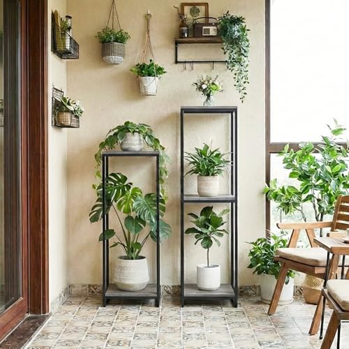 46" Tall 3-Tier Corner Plant Stand Indoor, Oak Grey | Functions as Flower Pots, Shelf, Decor Rack, Holder; Metal Frame with MDF Boards; for Living Room, Balcony; Modern Design