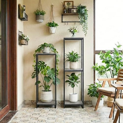 46" Tall 3-Tier Corner Plant Stand Indoor, Oak Grey | Functions as Flower Pots, Shelf, Decor Rack, Holder; Metal Frame with MDF Boards; for Living Room, Balcony; Modern Design